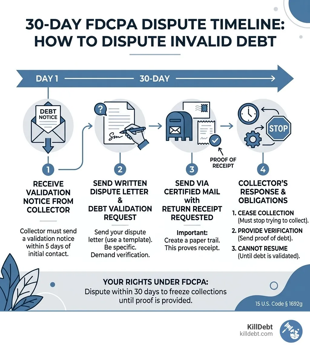 30-day FDCPA dispute timeline infographic showing steps from receiving notice to collector response