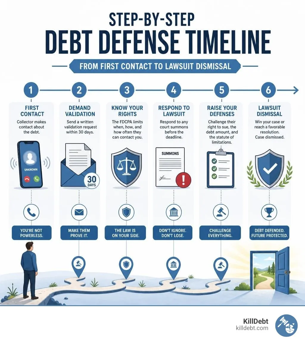 Step-by-step debt defense timeline from first contact to lawsuit dismissal infographic