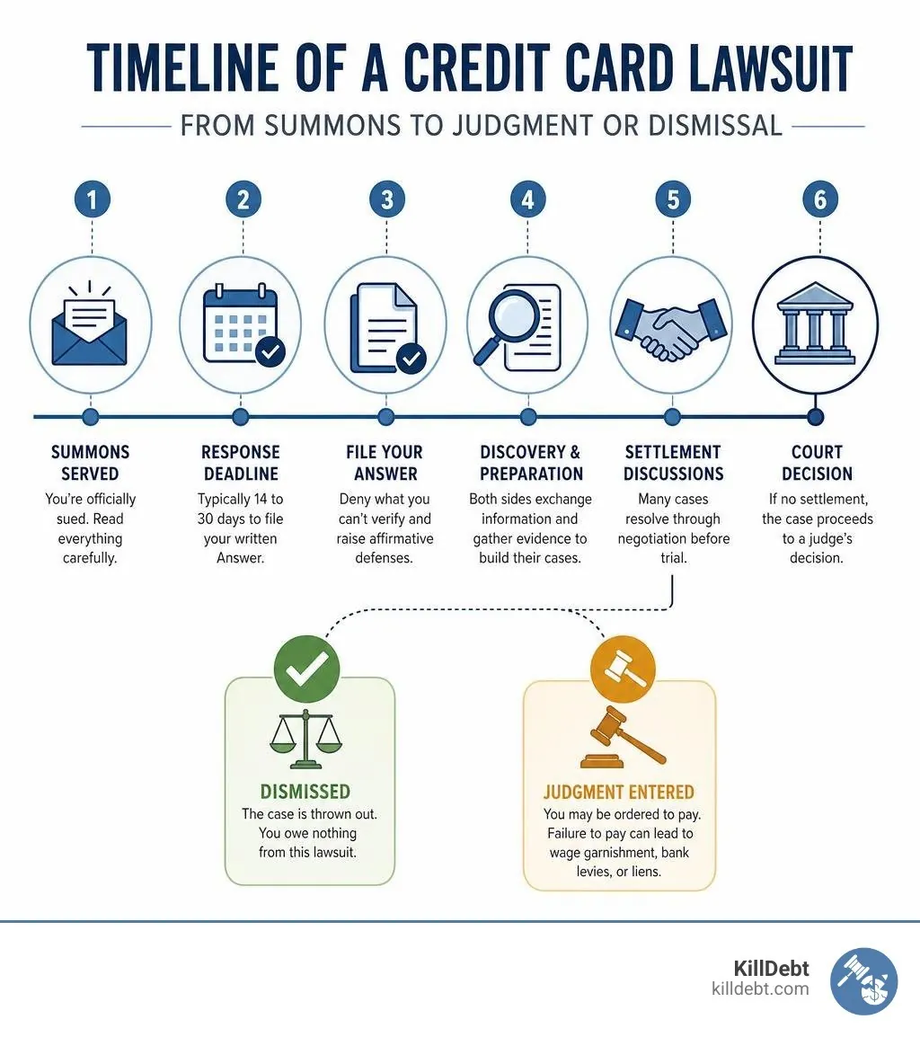 Timeline of a credit card lawsuit from summons to judgment or dismissal infographic