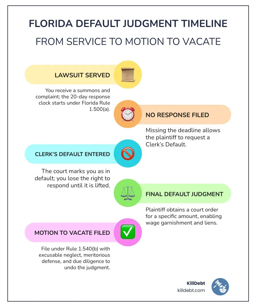 Timeline infographic from Florida lawsuit service to default entry to motion to vacate deadline