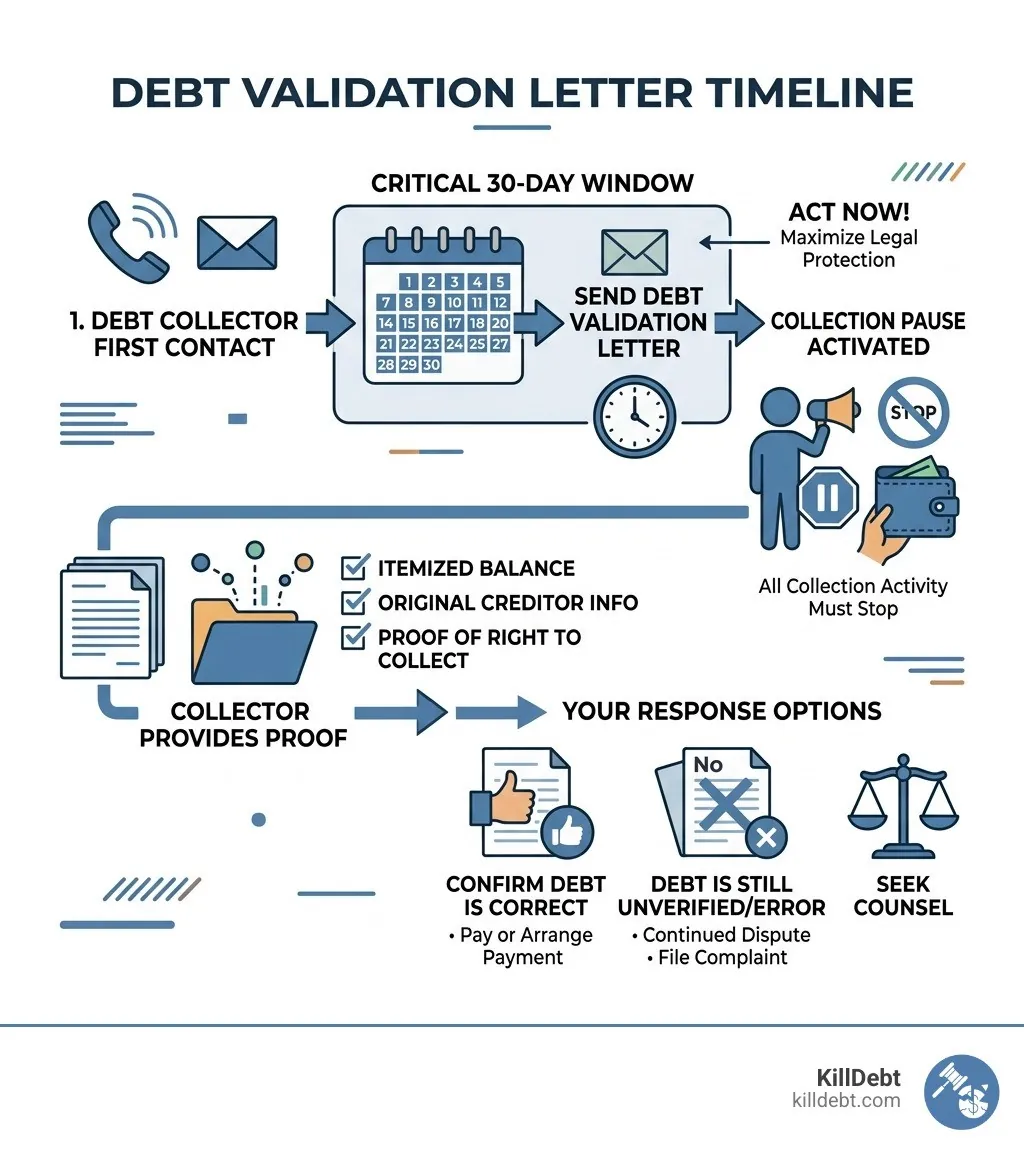 Debt validation letter timeline infographic showing 30-day window, collection pause, and response steps