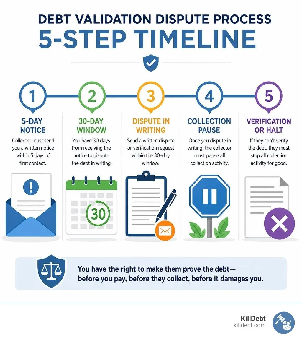 Debt validation dispute process timeline infographic: 5-day notice, 30-day window, dispute in writing, collection pause