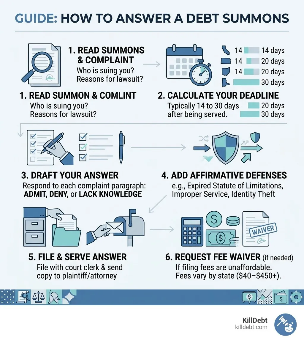 Step-by-step infographic: how to answer a debt summons, deadlines by state, and what to include