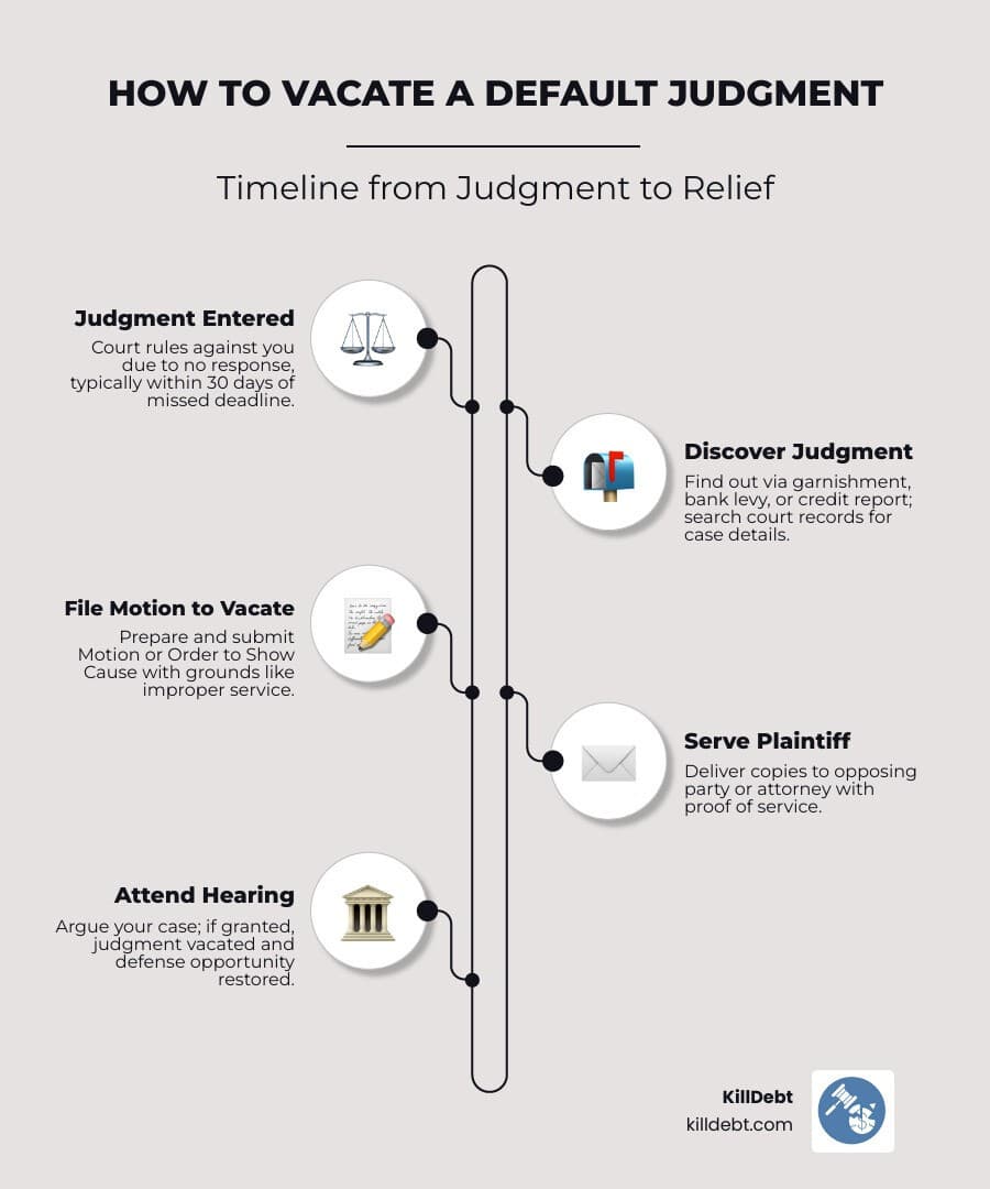 Timeline infographic from default judgment entry to filing motion to vacate to court hearing outcome