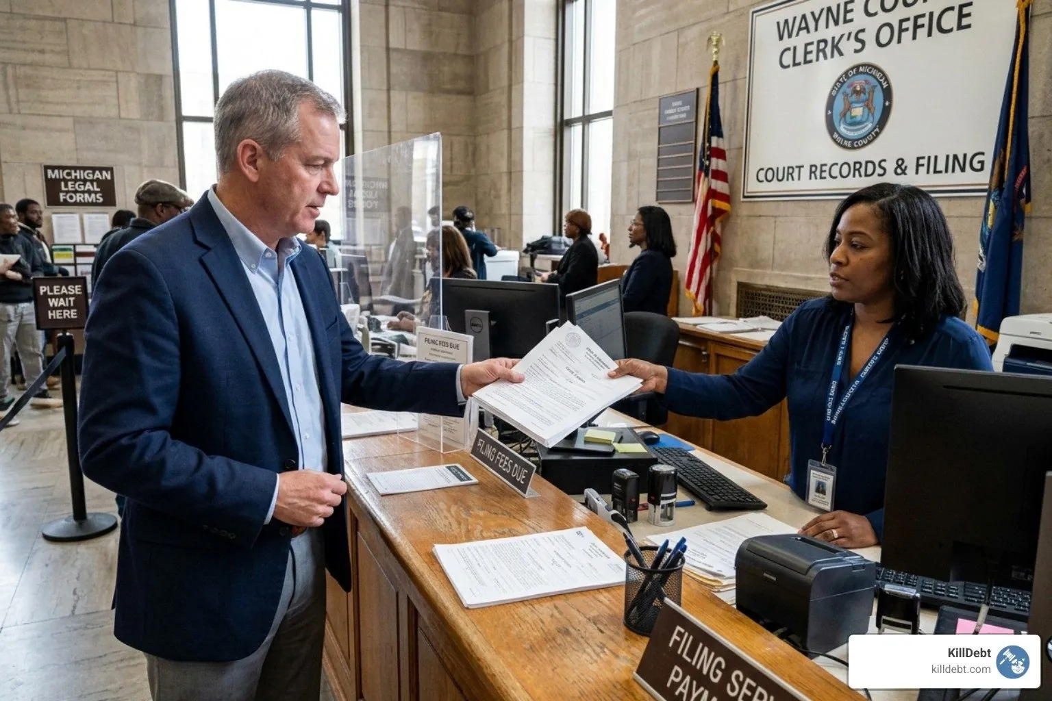 Person filing legal paperwork at a Michigan court clerk's office