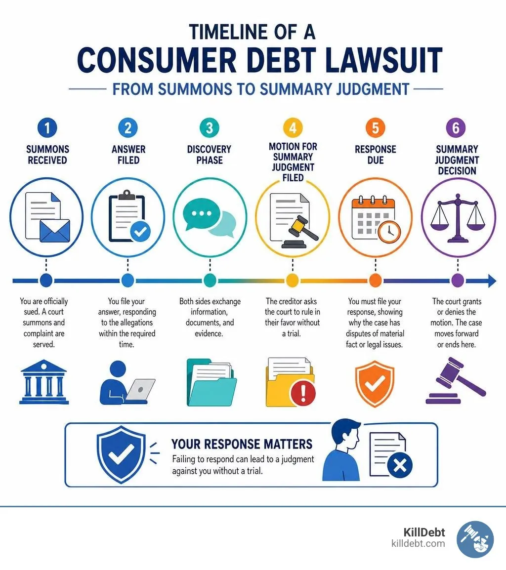 Timeline of a consumer debt lawsuit from summons to summary judgment infographic