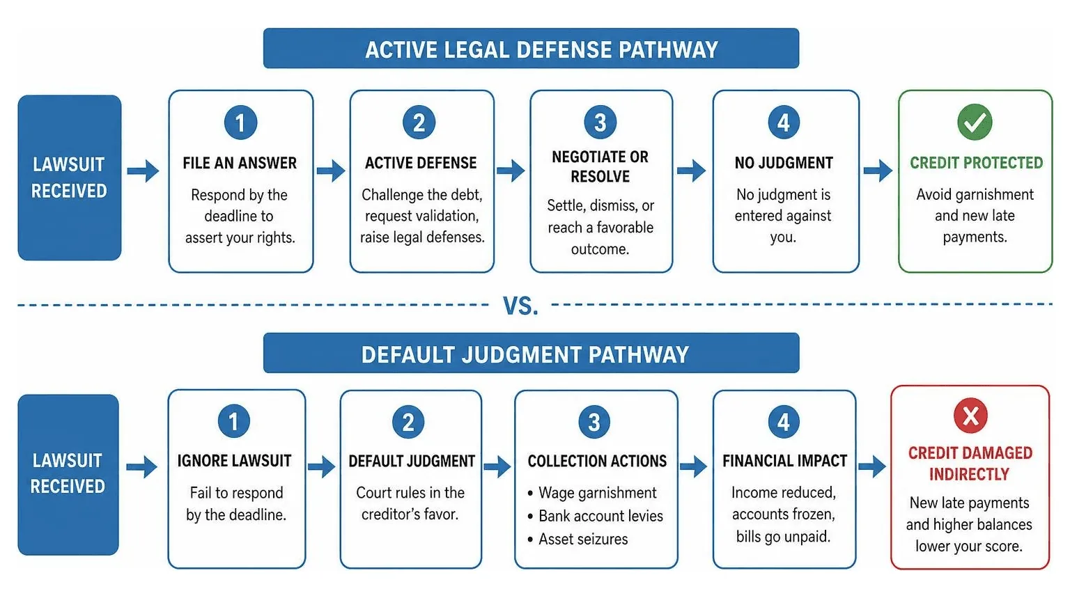 Process of active legal defense vs. default judgment pathway