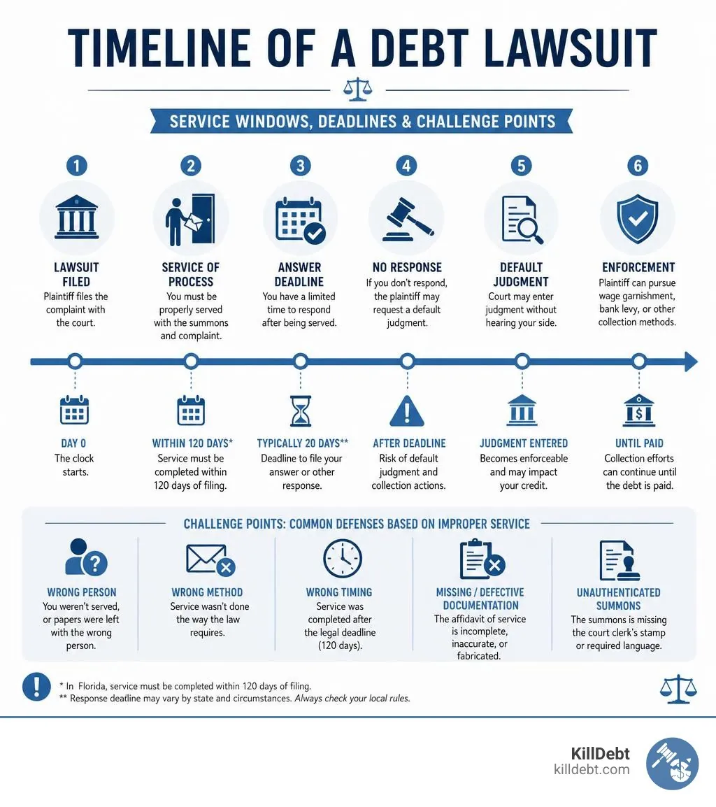 Timeline of a debt lawsuit showing service windows, deadlines, and challenge points infographic