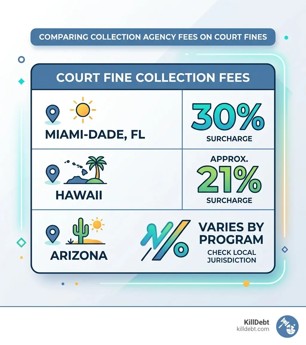 Table comparing collection fees: Miami-Dade 30%, Hawaii 21%, Arizona varies by program