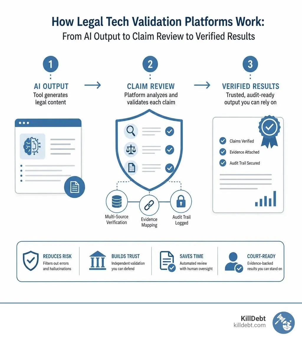 How legal tech validation platforms work: from AI output to claim review to verified results infographic