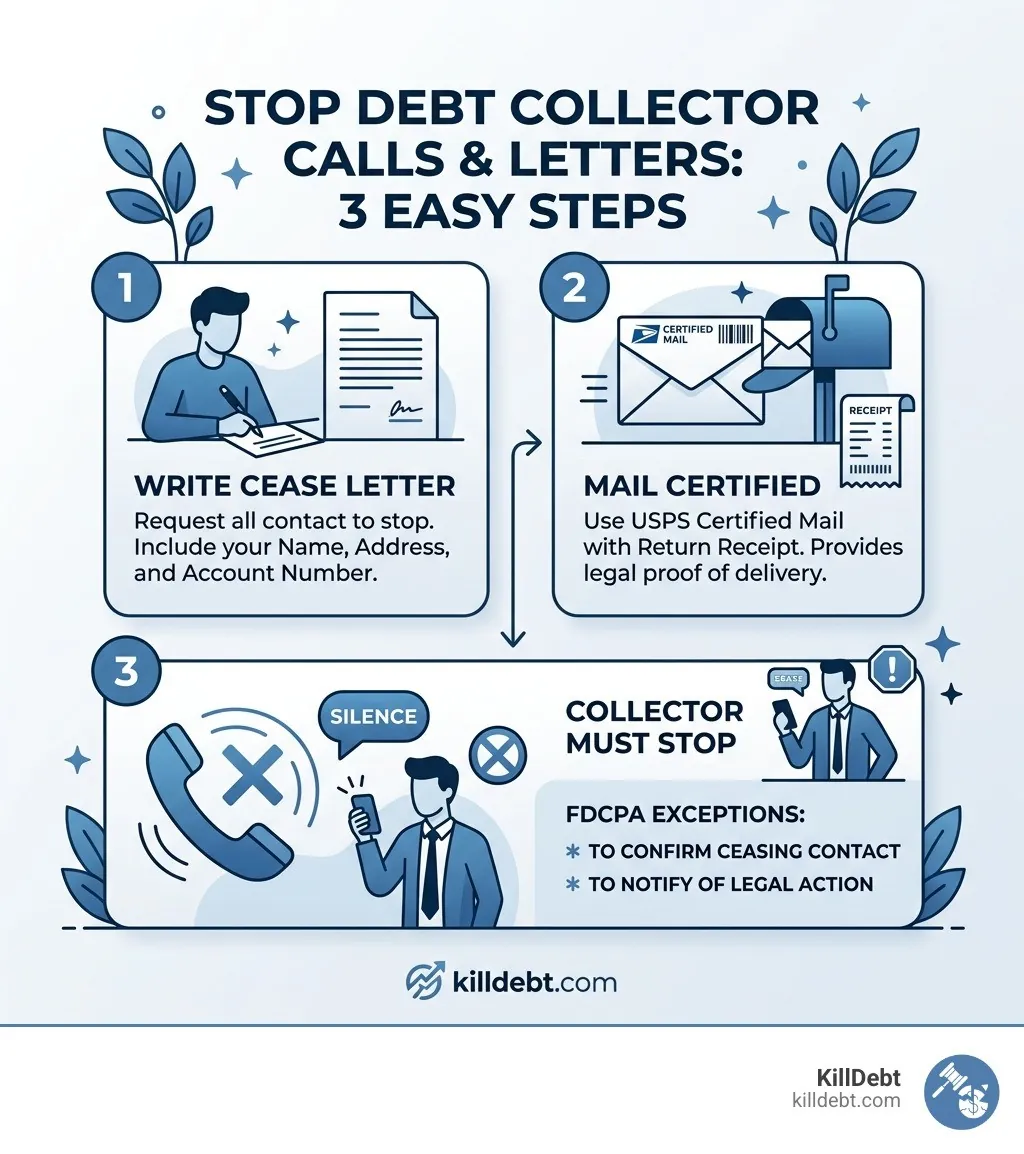 3-step infographic: write cease letter, mail certified, collector must stop contact with FDCPA exceptions noted