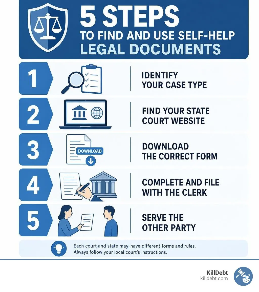 infographic showing 5 steps to find and use self-help legal documents: identify your case type, find your state court