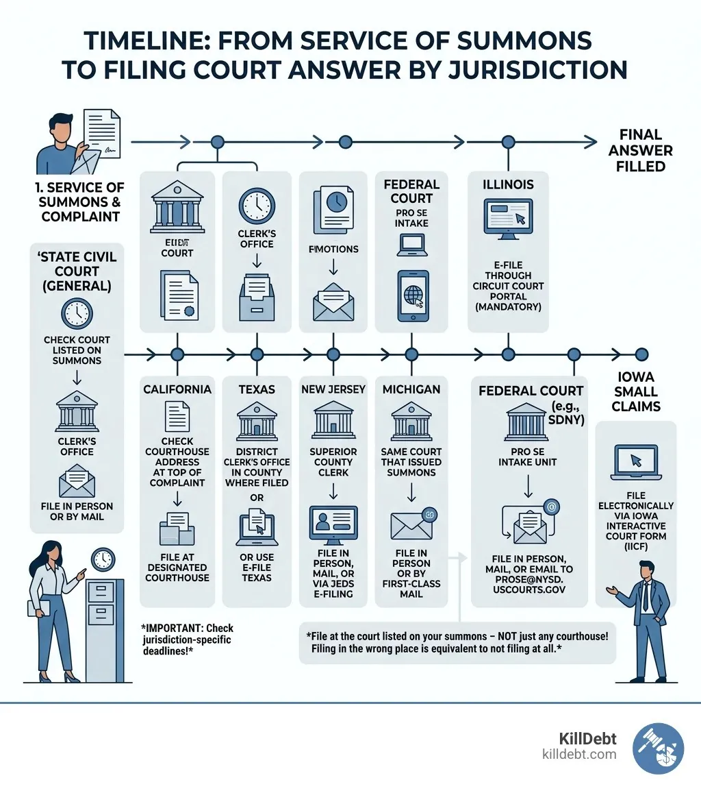 Timeline infographic from service of summons to filing court answer by jurisdiction