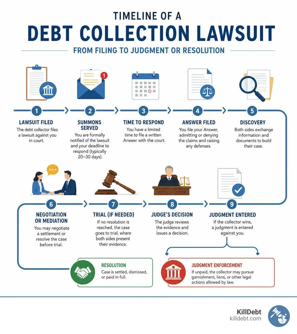 Timeline of a debt collection lawsuit from filing to judgment or resolution infographic