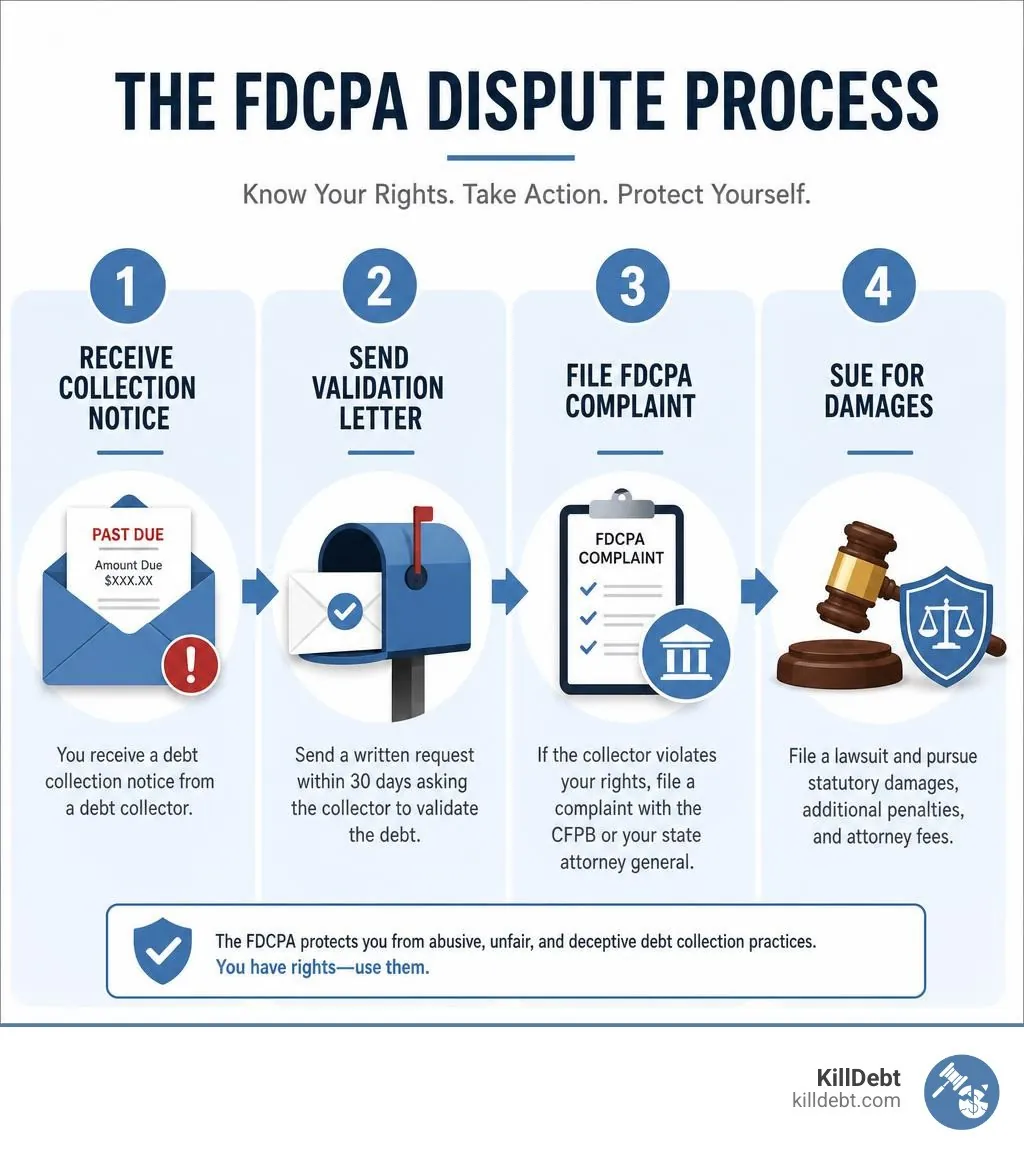 Infographic showing FDCPA dispute process steps: receive collection notice, send validation letter, file FDCPA complaint
