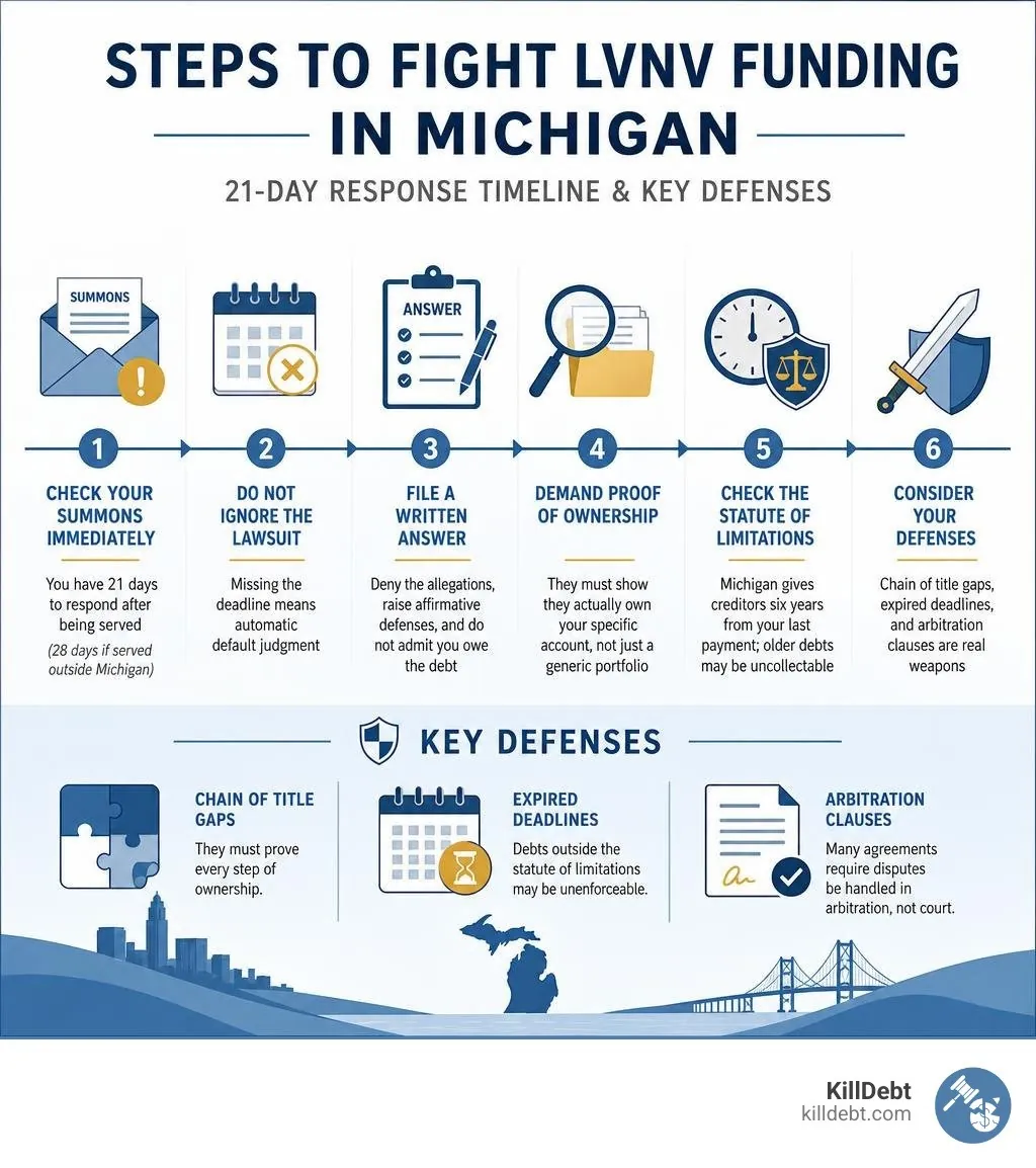 Steps to fight LVNV Funding Michigan: 21-day response timeline and key defenses infographic