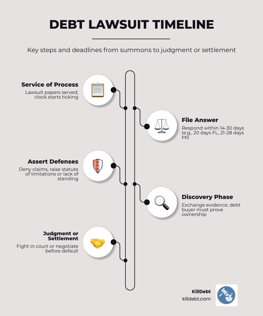 Debt lawsuit timeline from summons to judgment or settlement, with key steps and deadlines