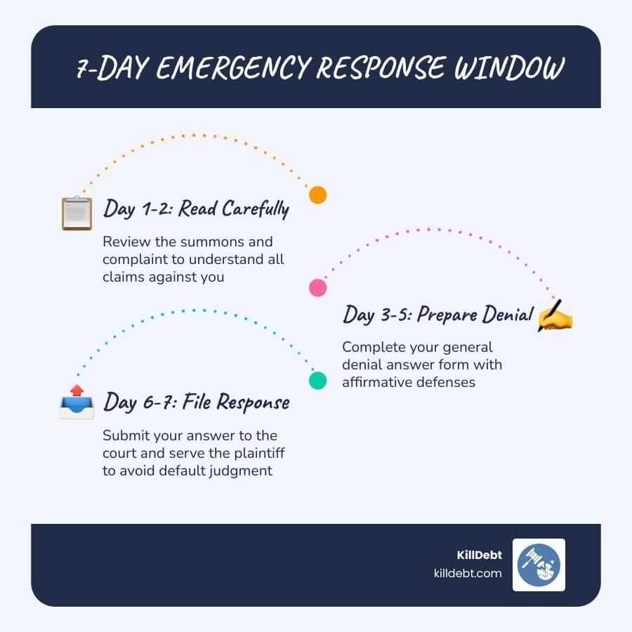 7-day emergency response window for debt lawsuits highlighting critical early steps infographic