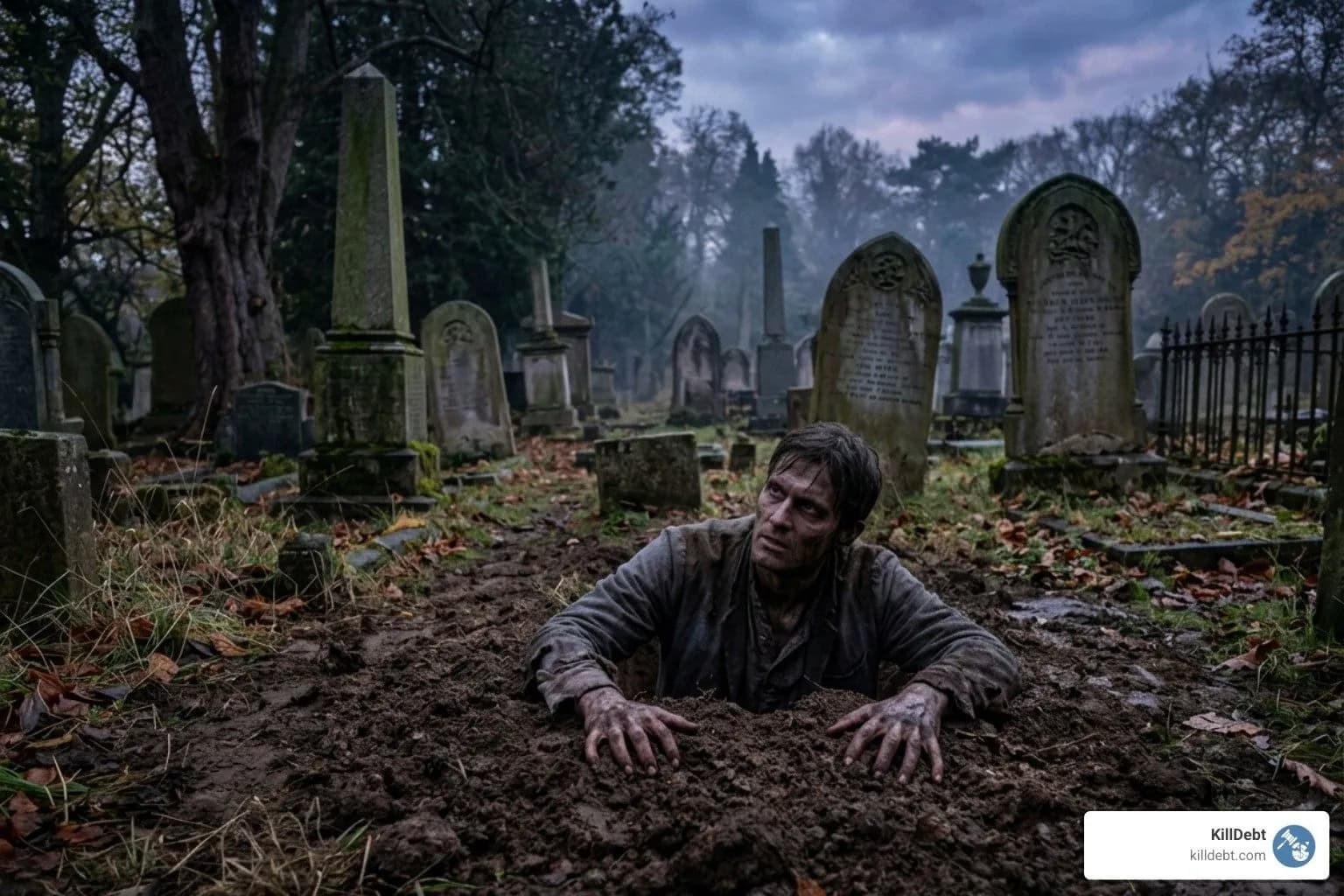 zombie rising from grave representing old debt