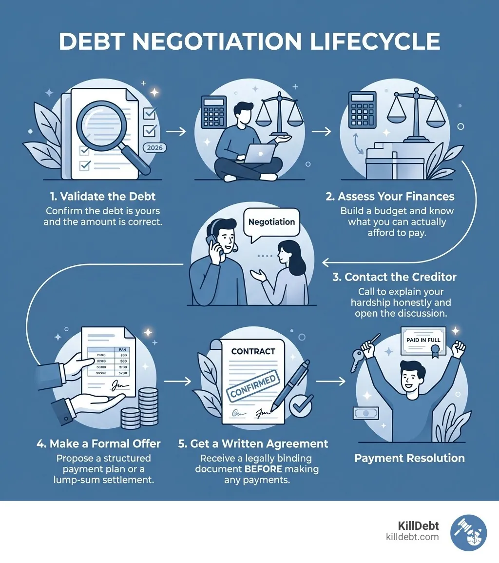 Debt negotiation lifecycle from validation to written agreement and payment resolution