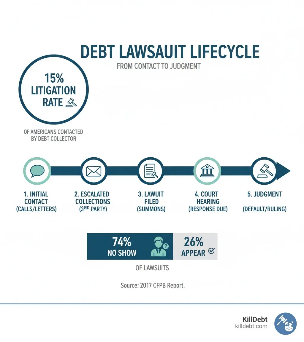 Debt lawsuit lifecycle infographic showing 15% litigation rate and key stages from contact to judgment