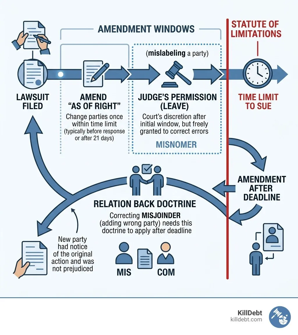 Civil litigation timeline showing amendment windows, statute of limitations, and relation back doctrine infographic