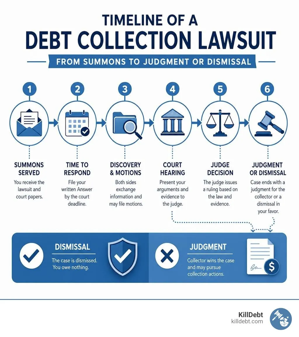 Timeline of a debt collection lawsuit from summons to judgment or dismissal infographic