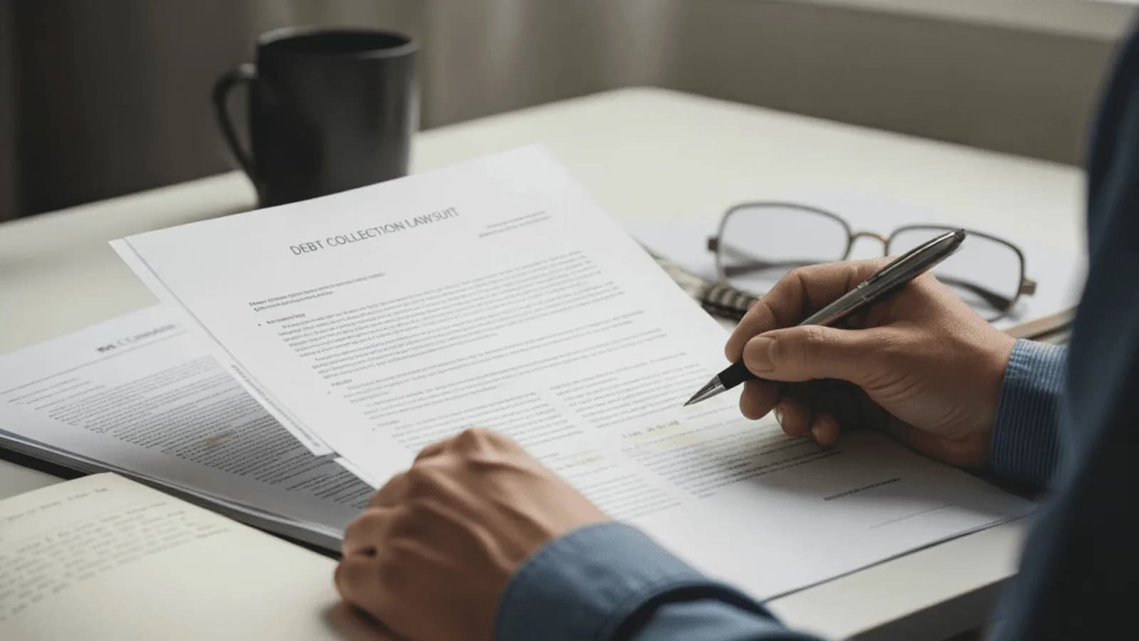 Person at a desk holding a pen over a multi-page court document headed Debt Collection Lawsuit, with reading glasses and a coffee mug nearby
