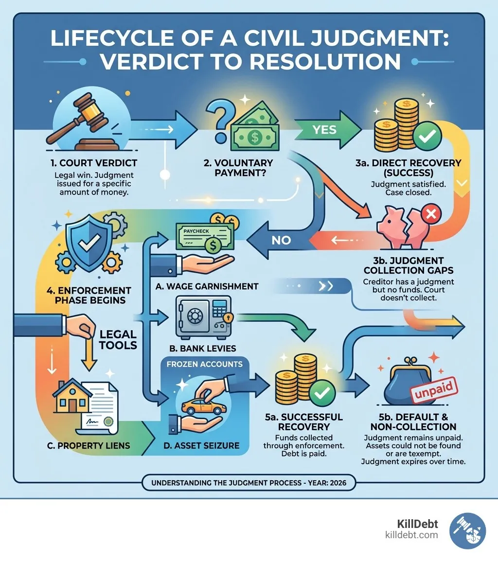 Lifecycle of a civil judgment from court verdict through enforcement to recovery or default
