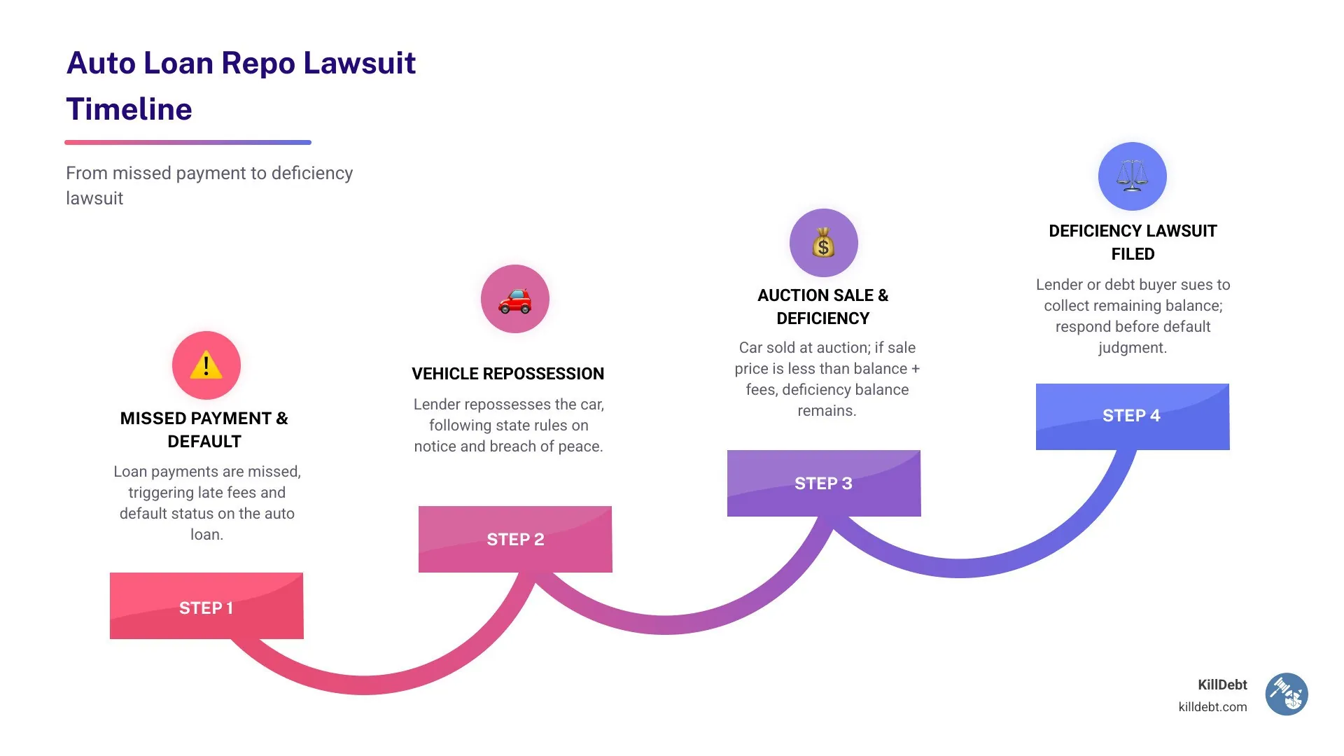Timeline from missed auto loan payment to deficiency lawsuit with key legal steps infographic