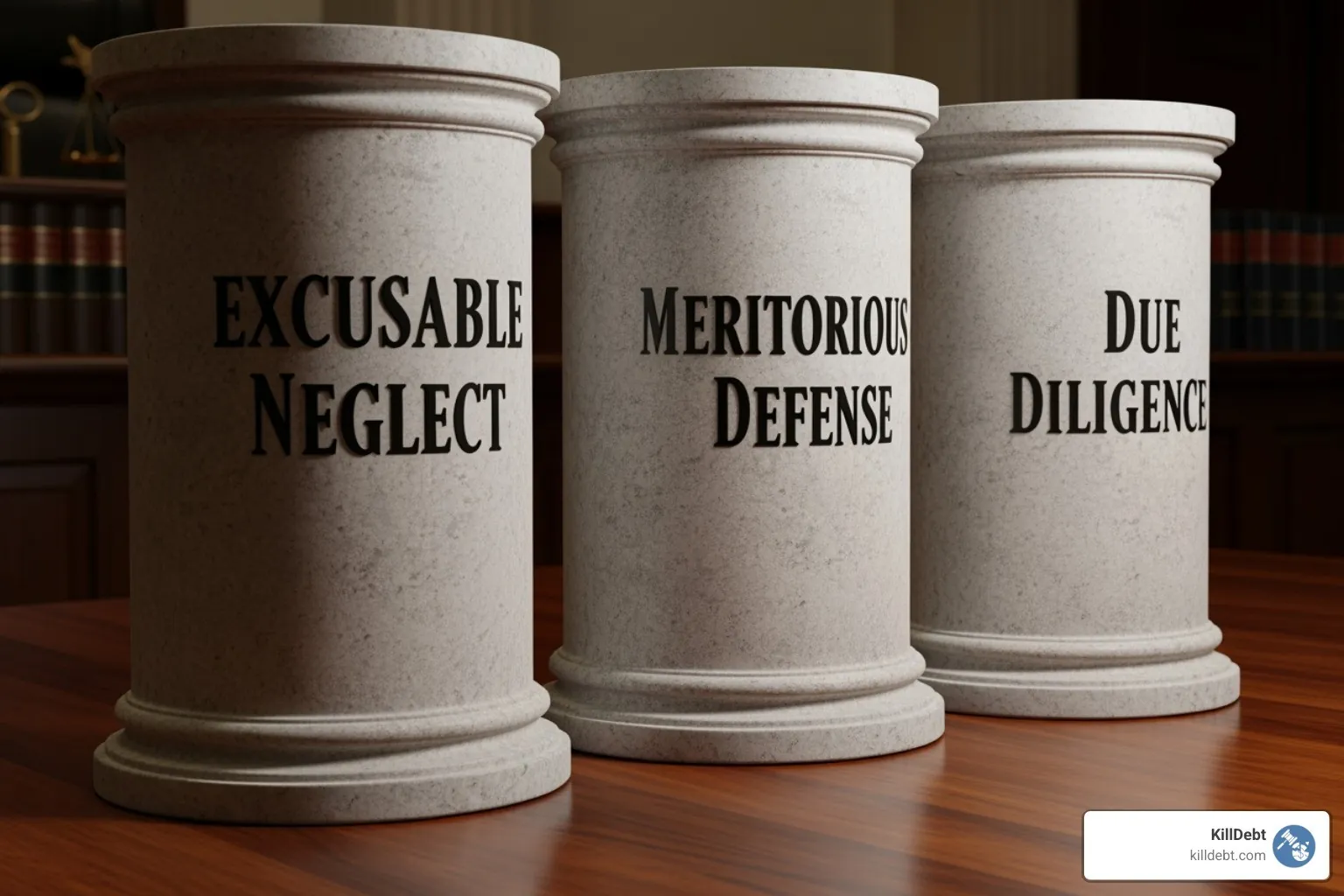 Three pillars of vacating a judgment: Excusable Neglect, Meritorious Defense, Due Diligence