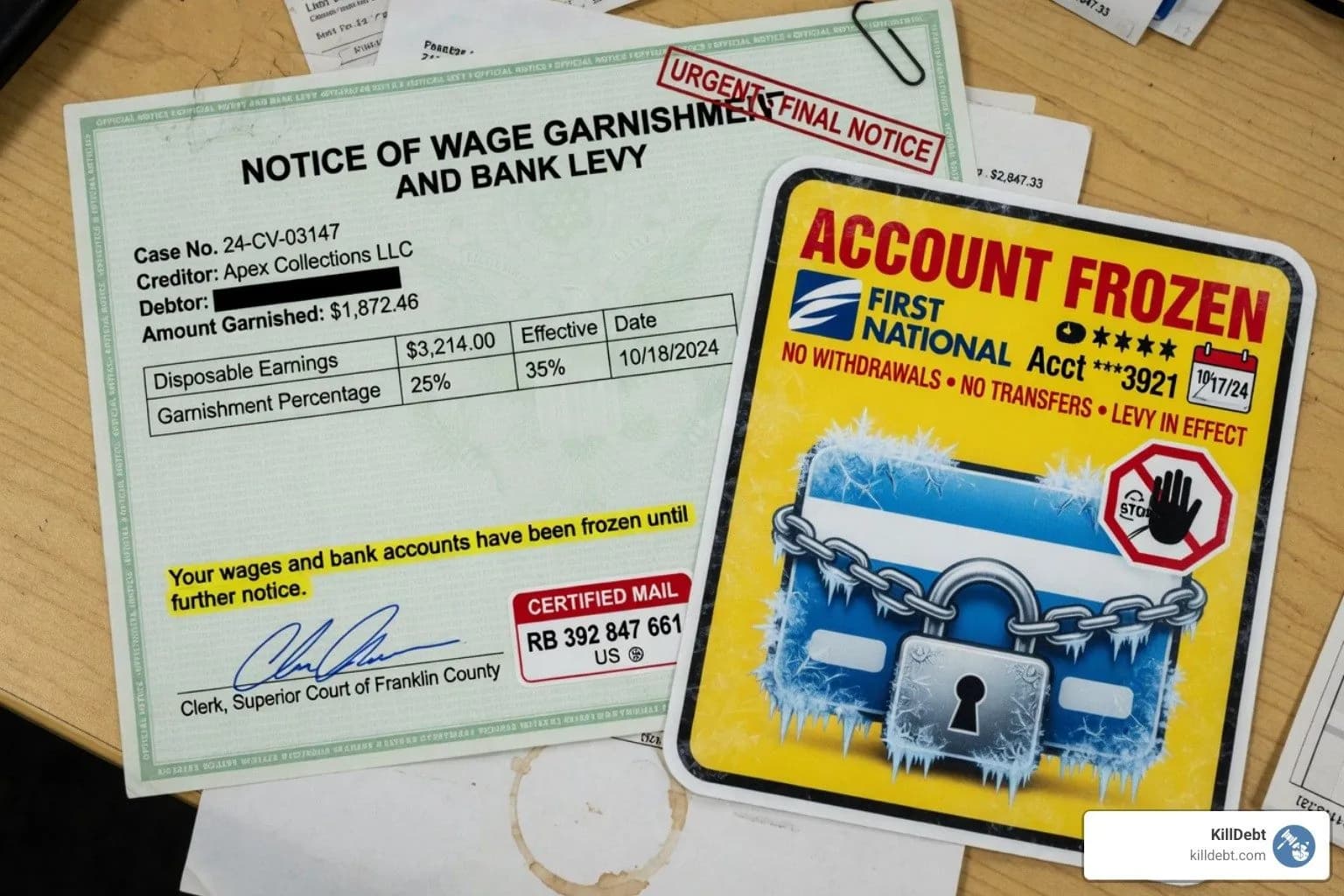 Wage garnishment notice and a "frozen" bank account icon