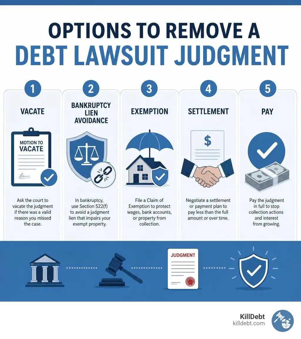 Options to remove a debt lawsuit judgment: vacate, bankruptcy lien avoidance, exemption, settlement, pay infographic