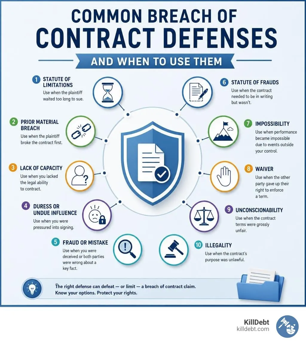 Common breach of contract defenses and when to use them infographic