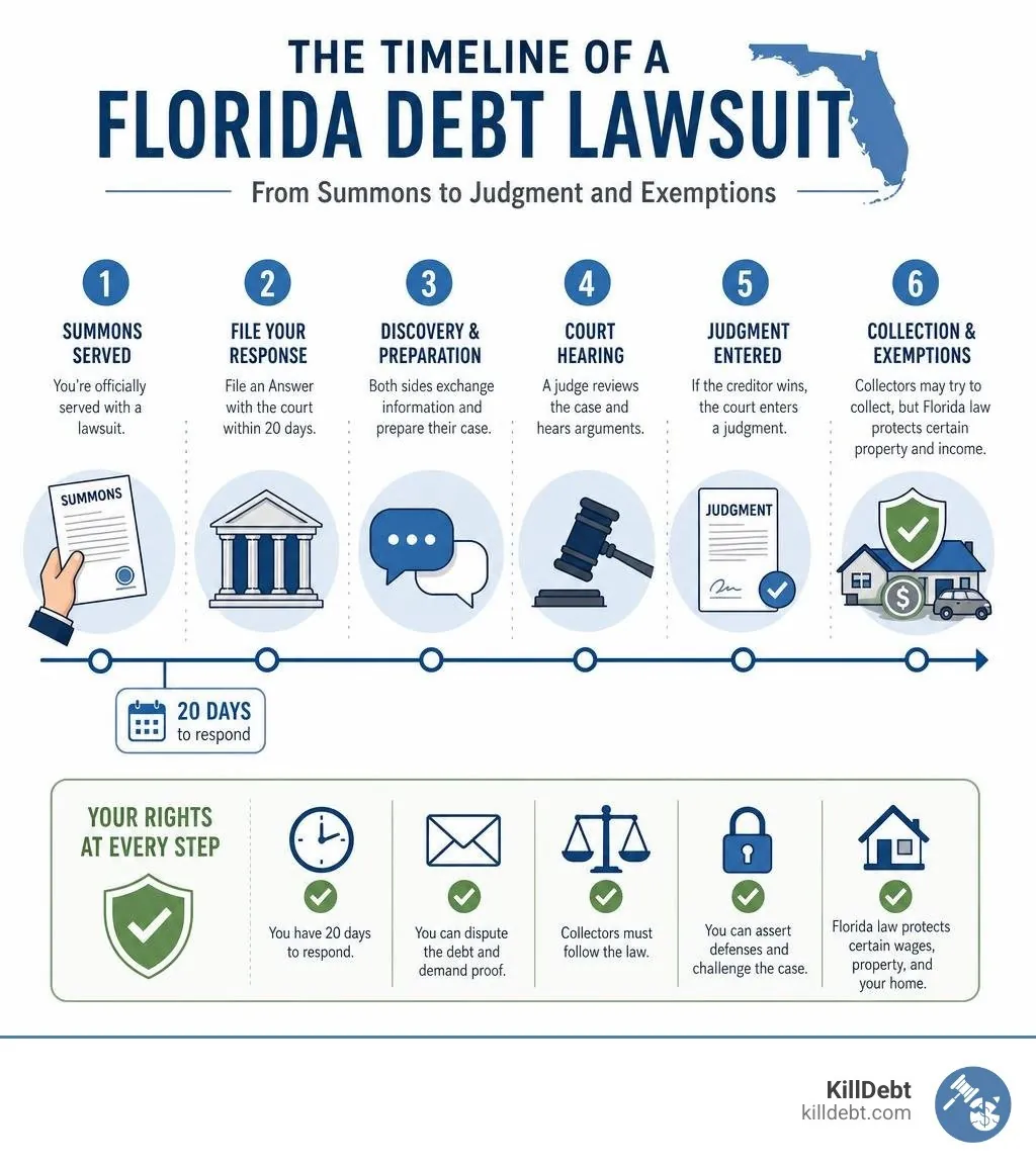 Timeline of a Florida debt lawsuit from summons to judgment and exemptions infographic