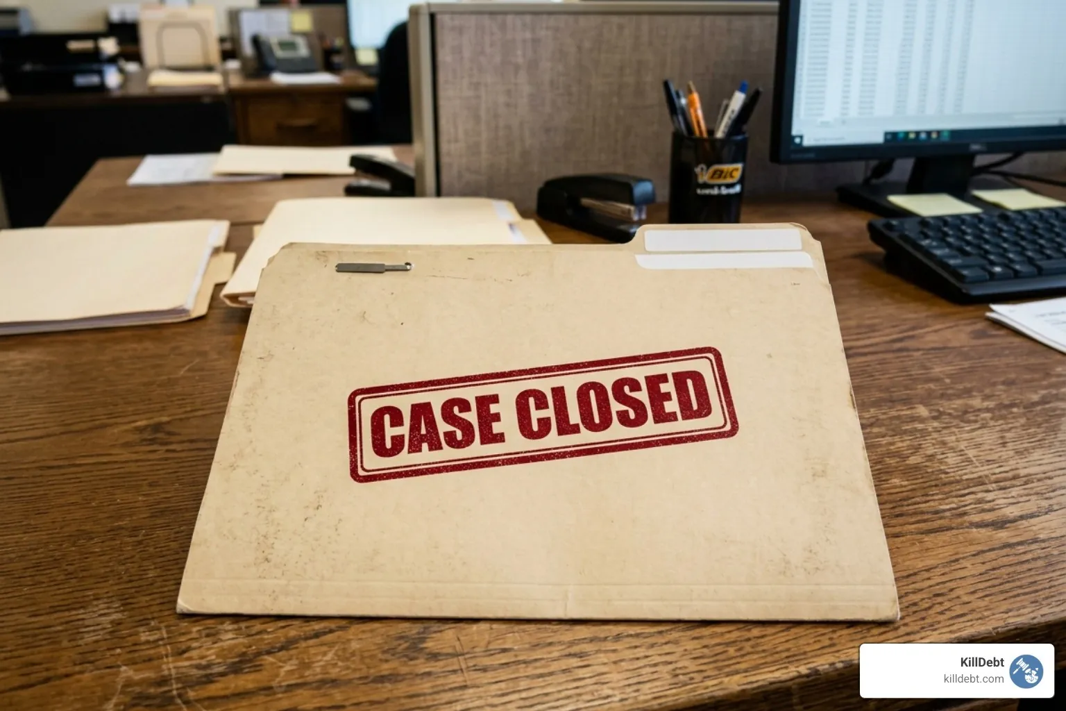A "Case Closed" stamp on an empty folder representing uncollected debt