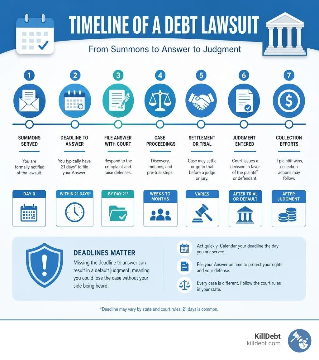 Timeline of a debt lawsuit from summons to answer to judgment, with key deadlines and steps infographic