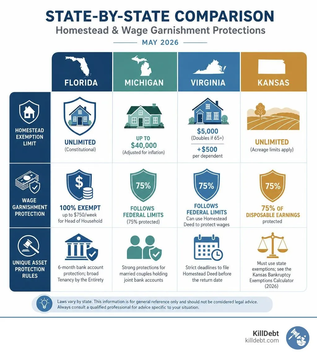 Infographic comparing wage and homestead protection levels across different states