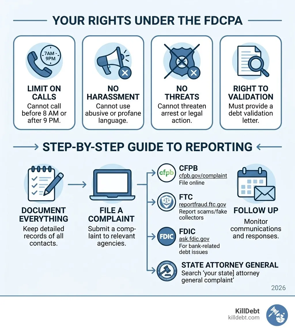 Infographic showing FDCPA rights and how to report a collection agency step by step