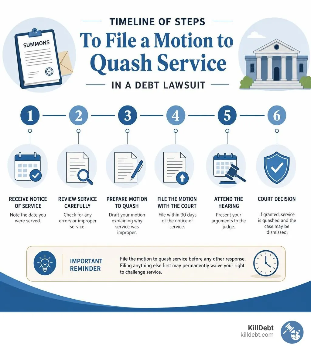 Timeline of steps to file a motion to quash service in a debt lawsuit infographic