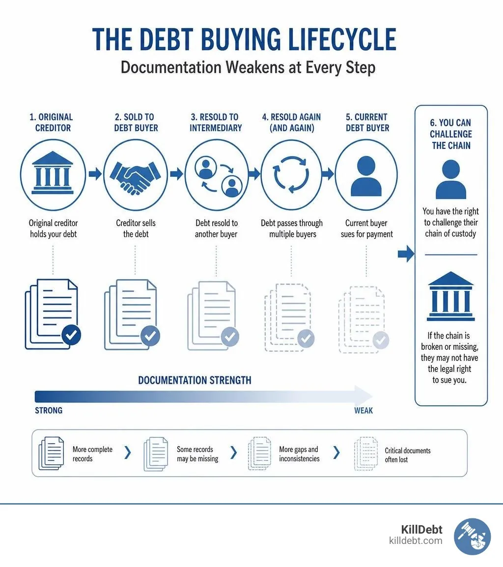 Debt buying lifecycle infographic: original creditor sells to debt buyer, resold through intermediaries, documentation