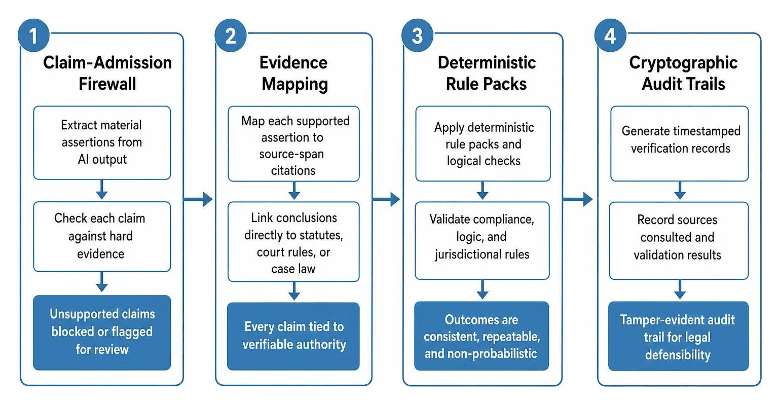 A step-by-step flowchart of the verification and validation process for legal AI outputs