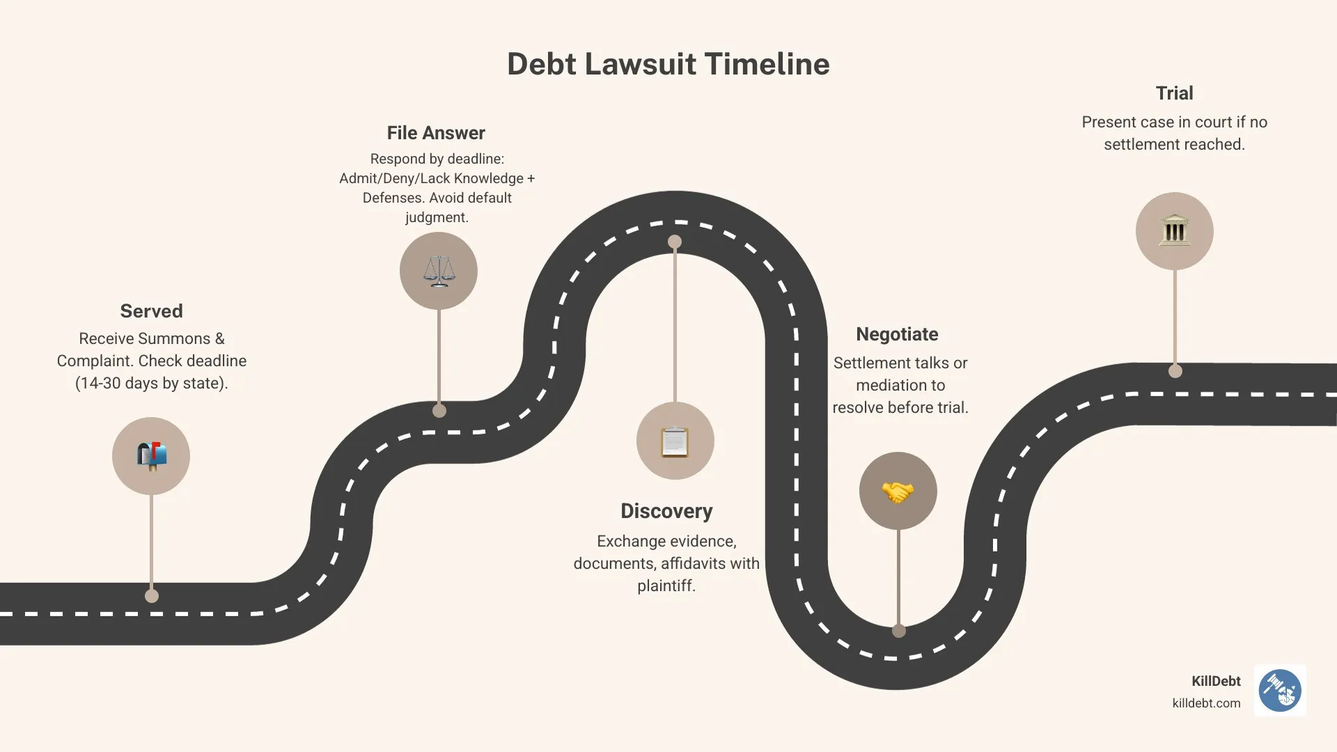 Debt lawsuit timeline: served, deadline, file answer, discovery, settlement or trial