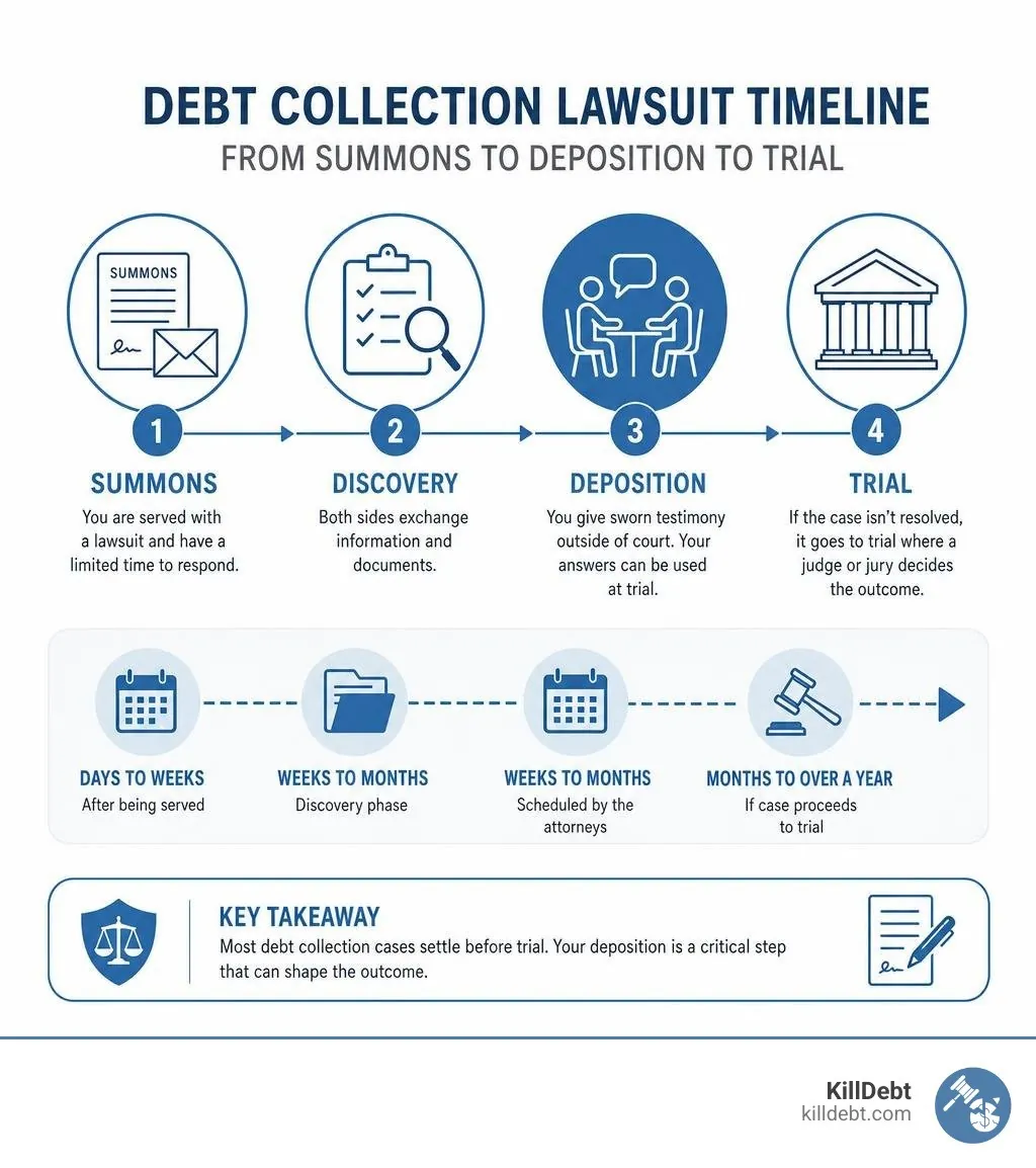 Debt collection lawsuit timeline from summons to deposition to trial infographic