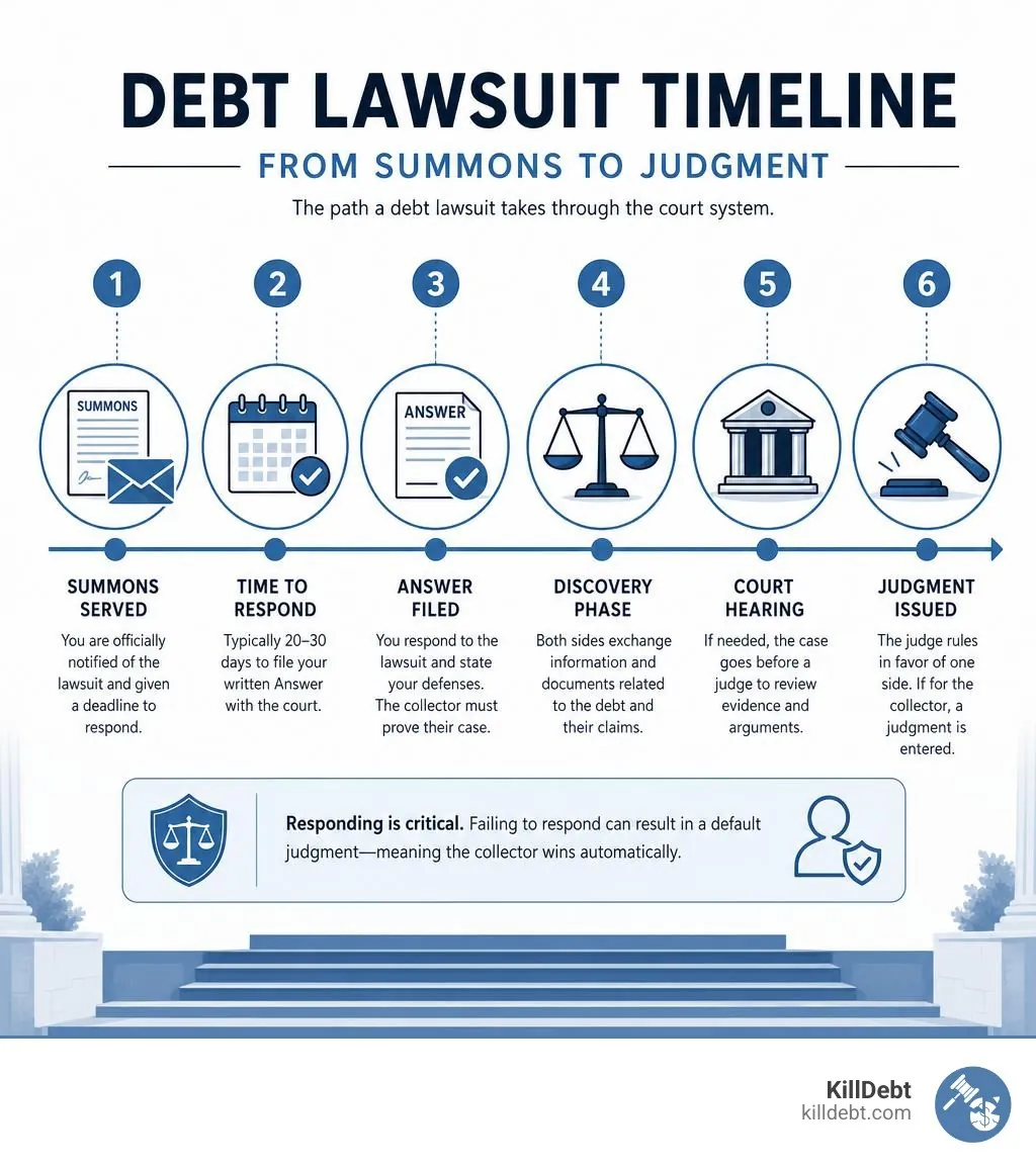 Debt lawsuit timeline from summons to judgment infographic