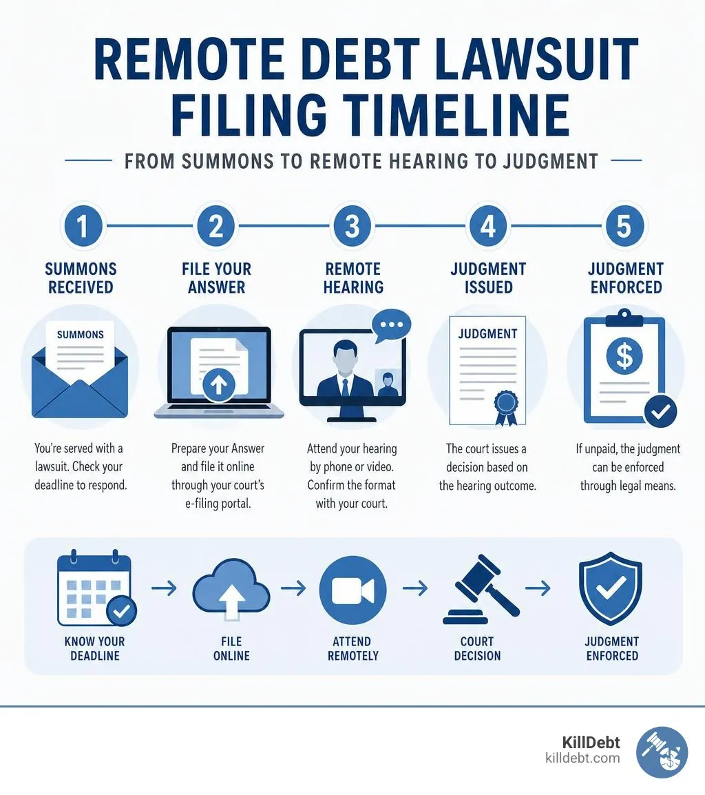 Remote debt lawsuit filing timeline from summons to remote hearing to judgment infographic