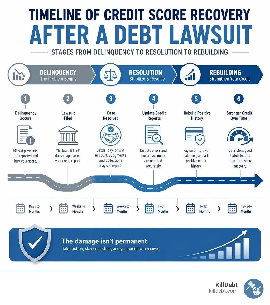 Timeline of credit score recovery after a debt lawsuit: stages from delinquency to resolution to rebuilding infographic