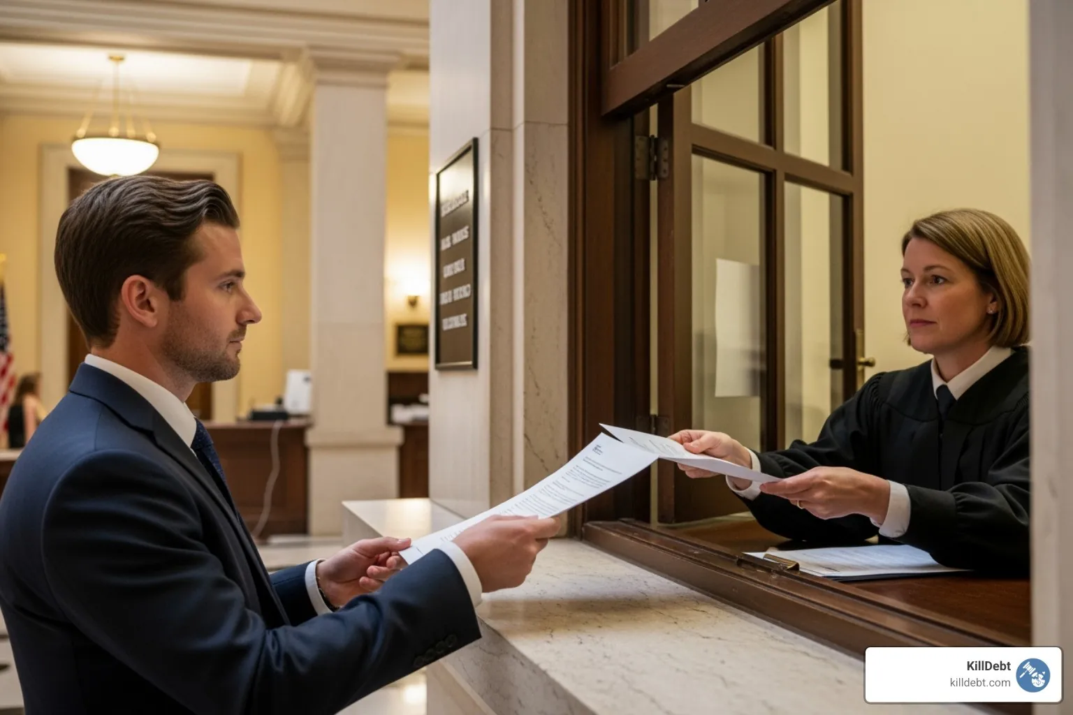 Defendant filing legal response papers at a court clerk's window