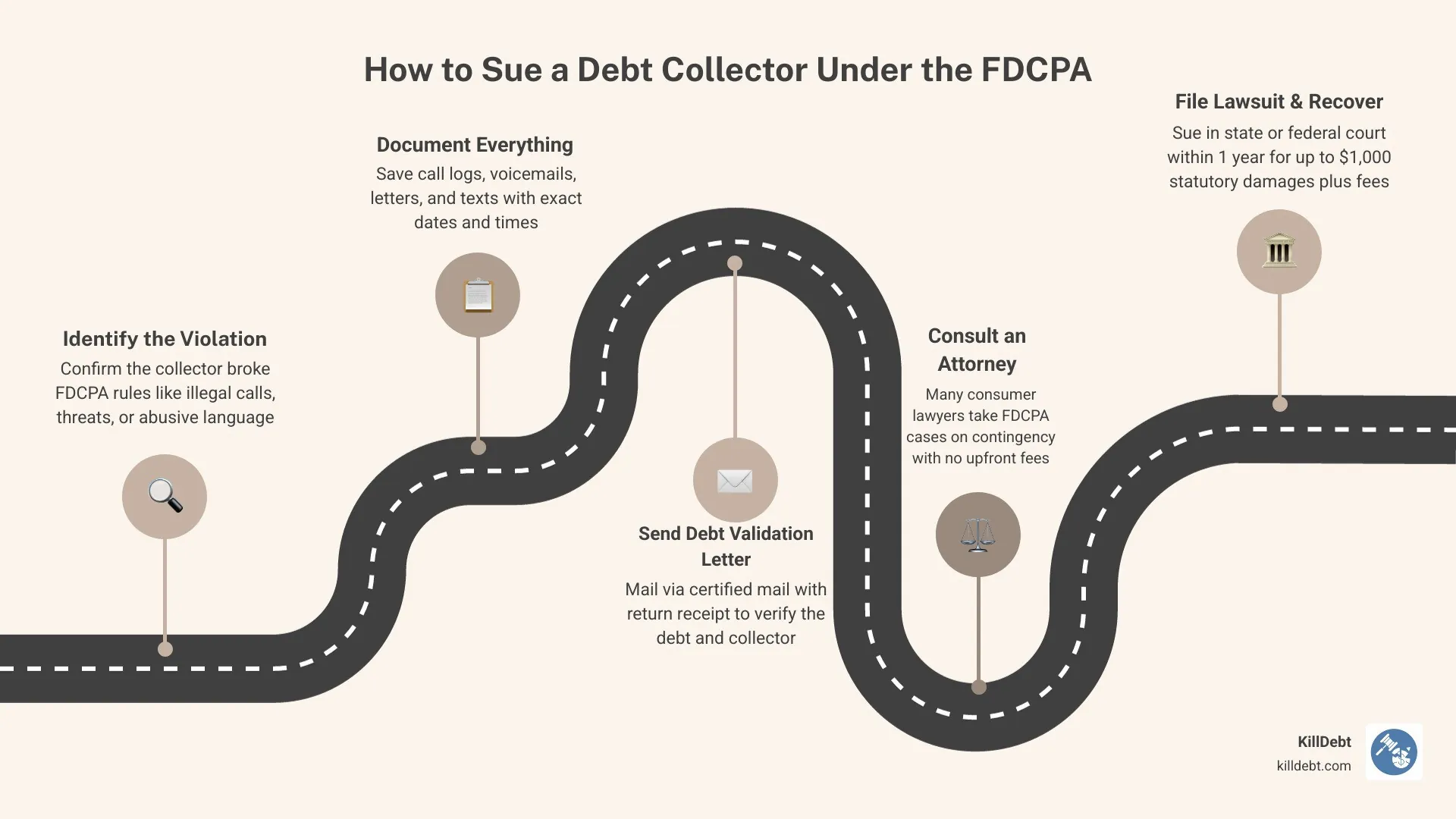 Step-by-step infographic: how to sue a debt collector under the FDCPA in 2026