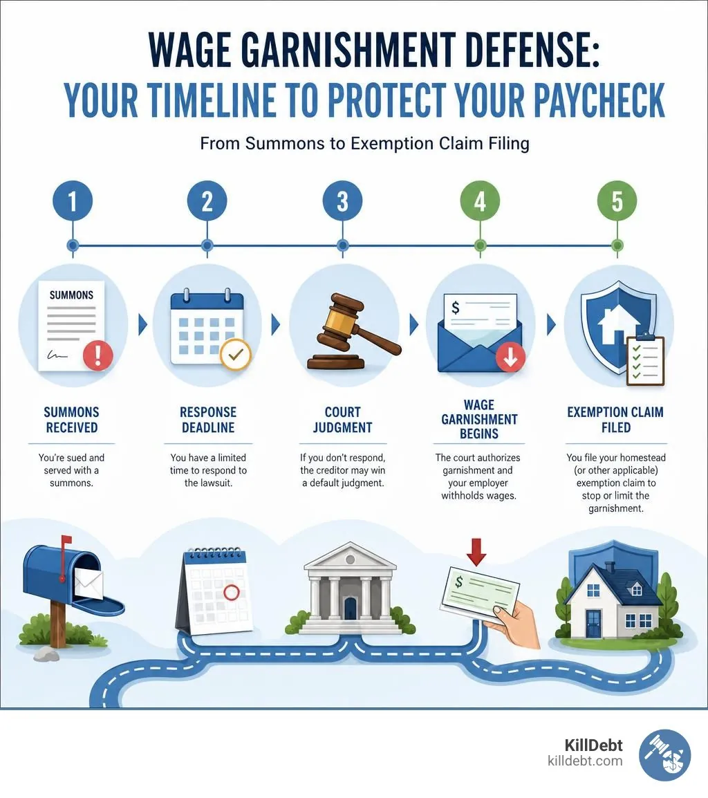 Timeline infographic showing wage garnishment defense steps from summons to exemption claim filing
